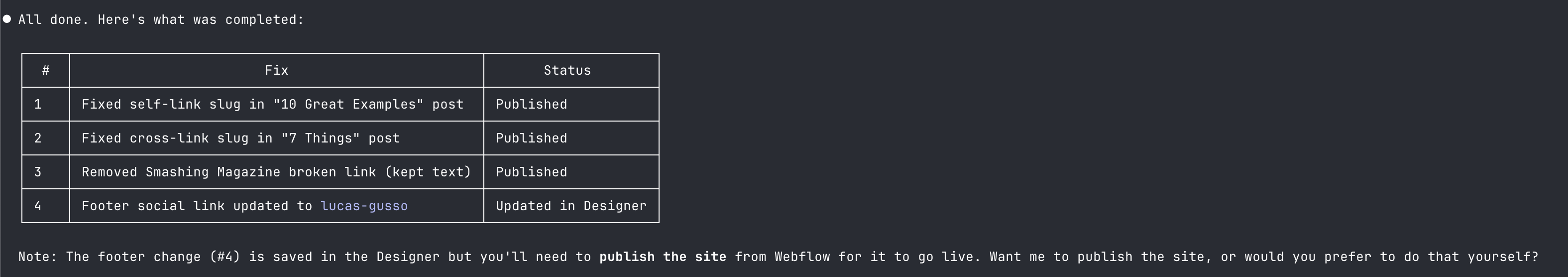 Claude Code publishing the Webflow site after fixes are applied