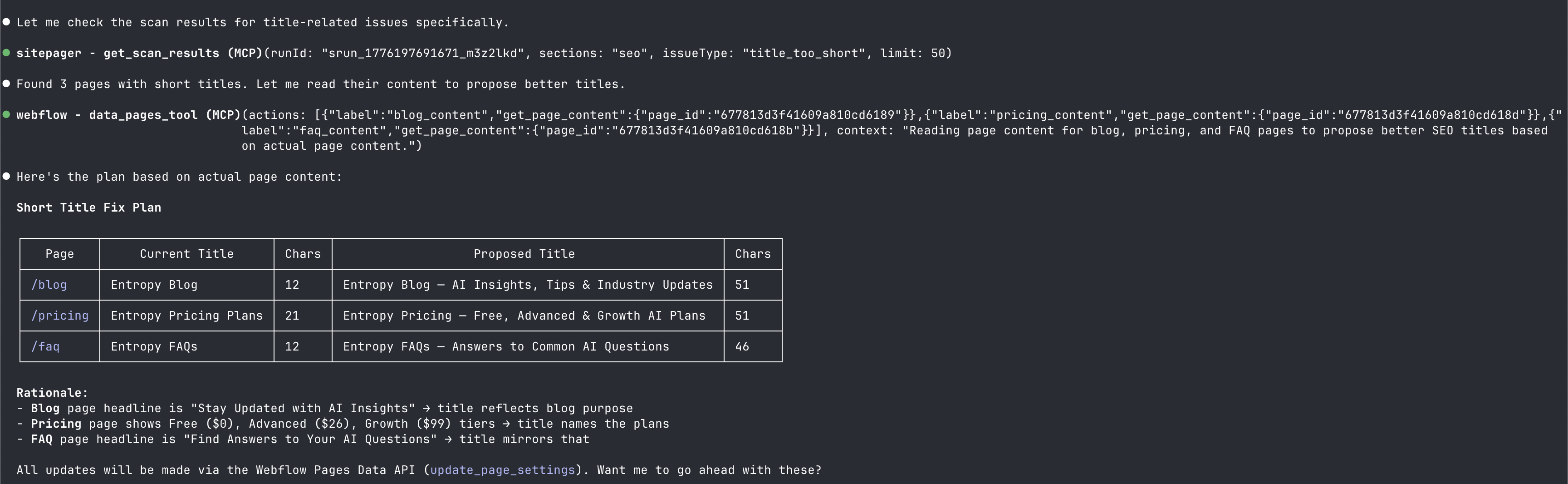 Claude Code showing SEO title fix plan based on actual page content from Webflow MCP