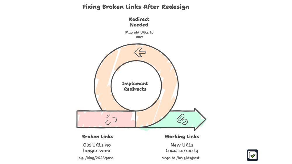 Broken links from old URLs mapped to new URLs through redirects