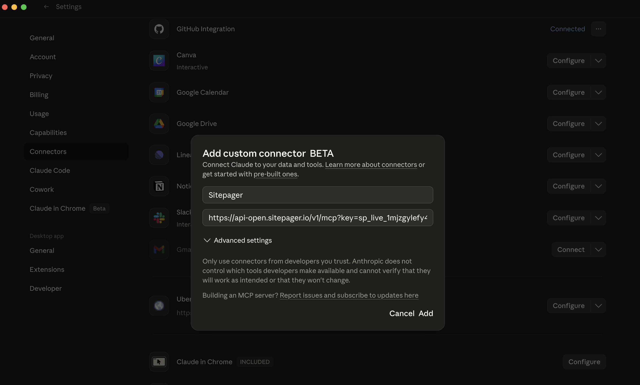Claude Desktop Add custom connector dialog with Name set to Sitepager and the Remote MCP server URL field filled in