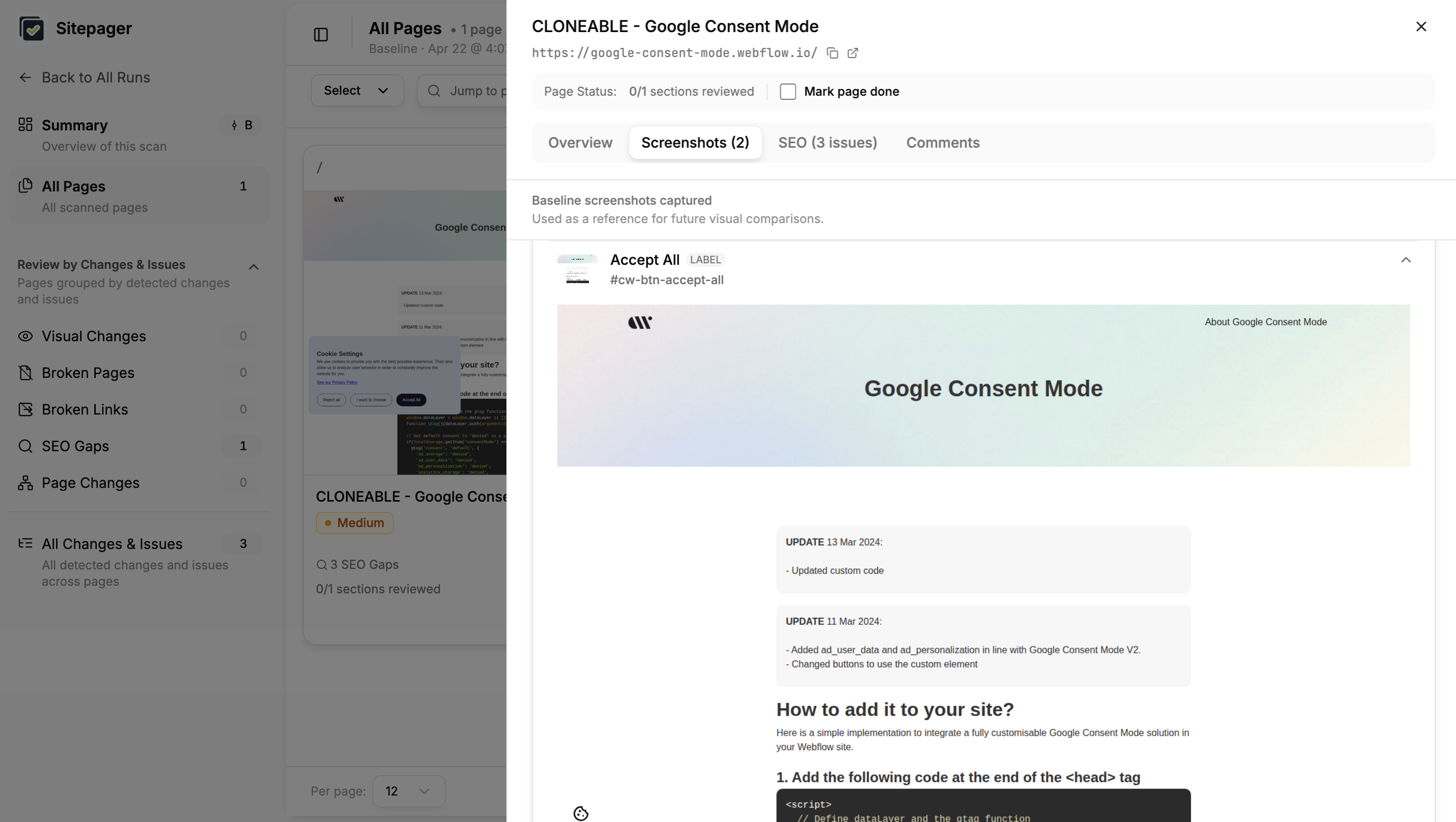 Sitepager scan result showing the page after clicking accept, with the cookie banner dismissed