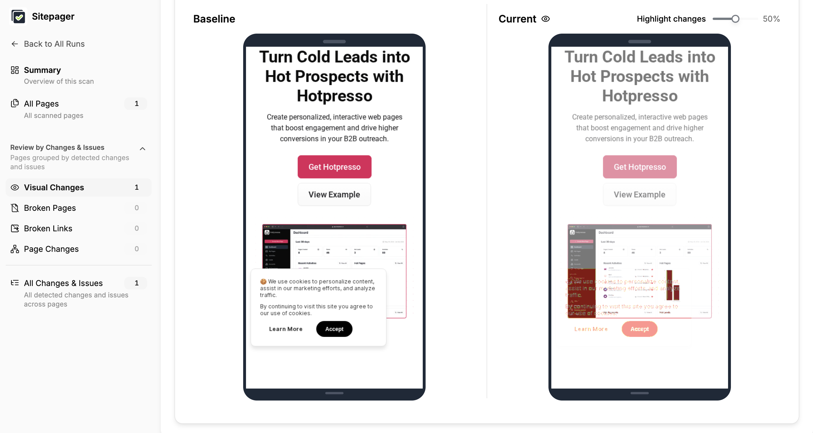 Sitepager results before and after. Baseline shows cookie banner visible, new run shows banner hidden