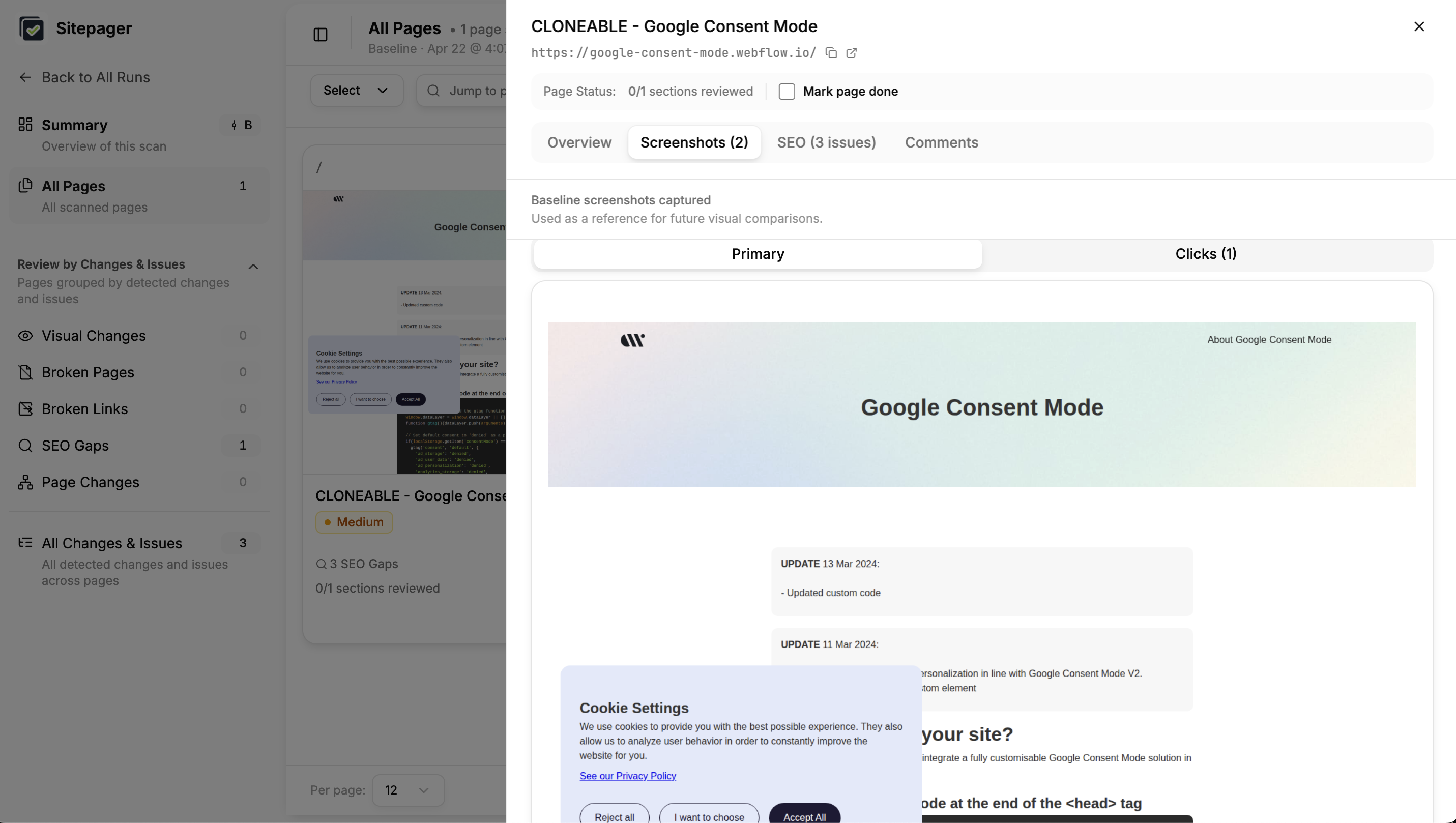 Sitepager scan result showing the page with the cookie banner visible before clicking accept