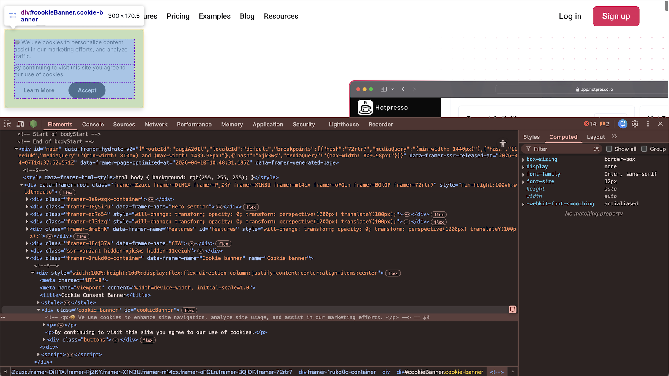 Chrome DevTools with a hovered HTML line and the cookie banner highlighted in blue on the page behind it