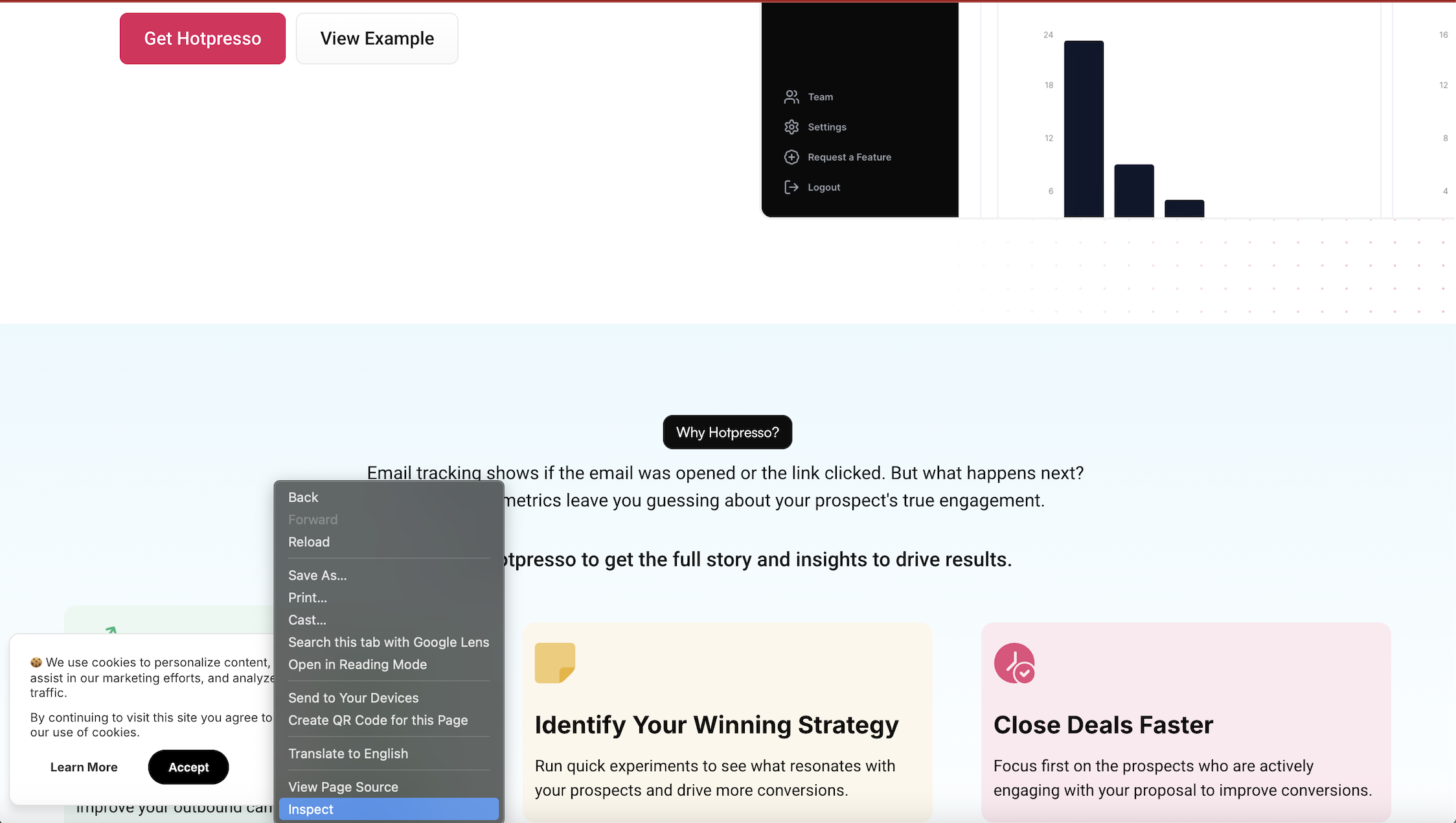 Browser right-click context menu open on top of a cookie banner, with the Inspect option highlighted