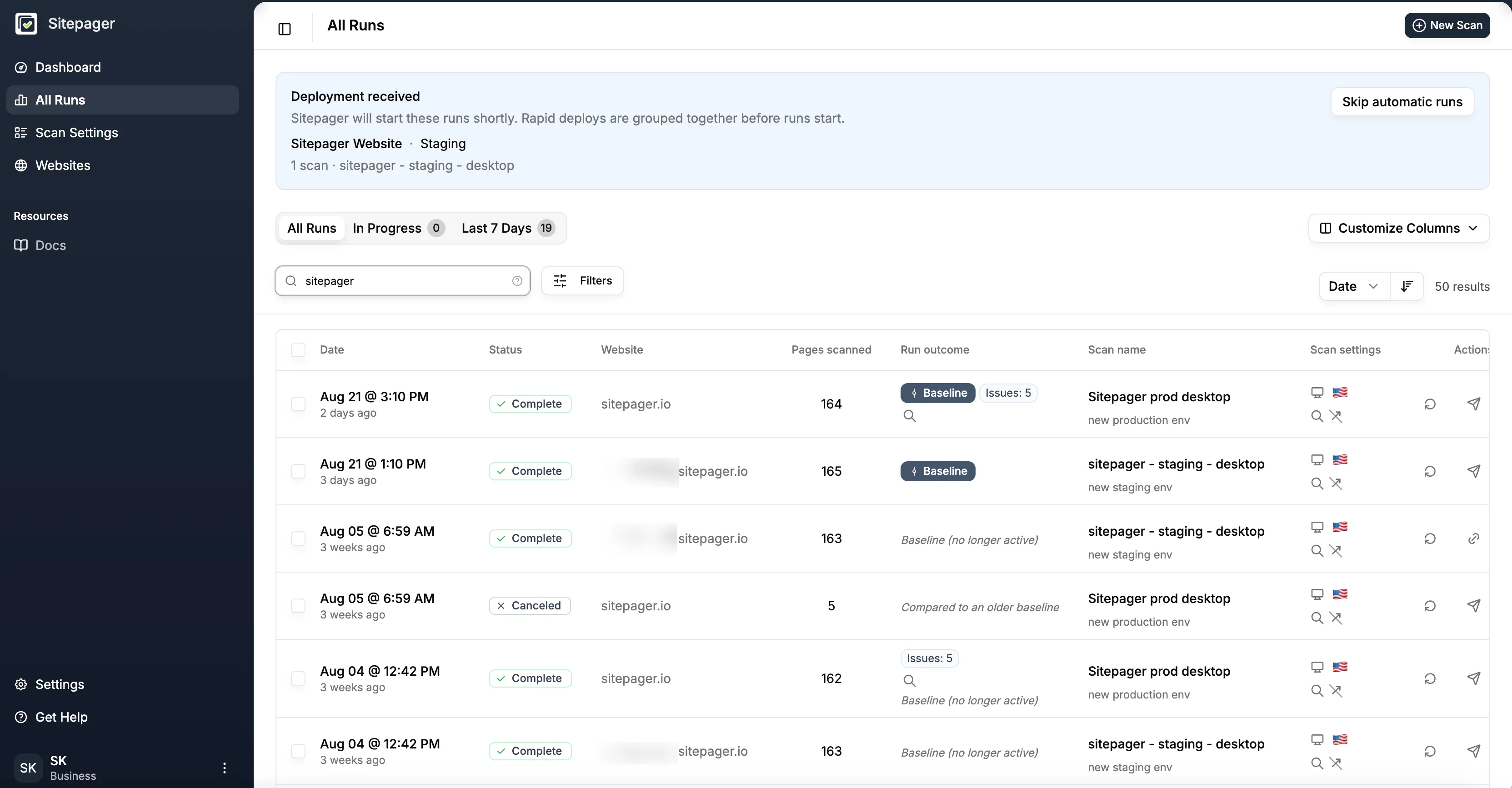 The All Runs page showing a Deployment received notice with the site, the environment, the queued scan, and a Skip automatic runs button