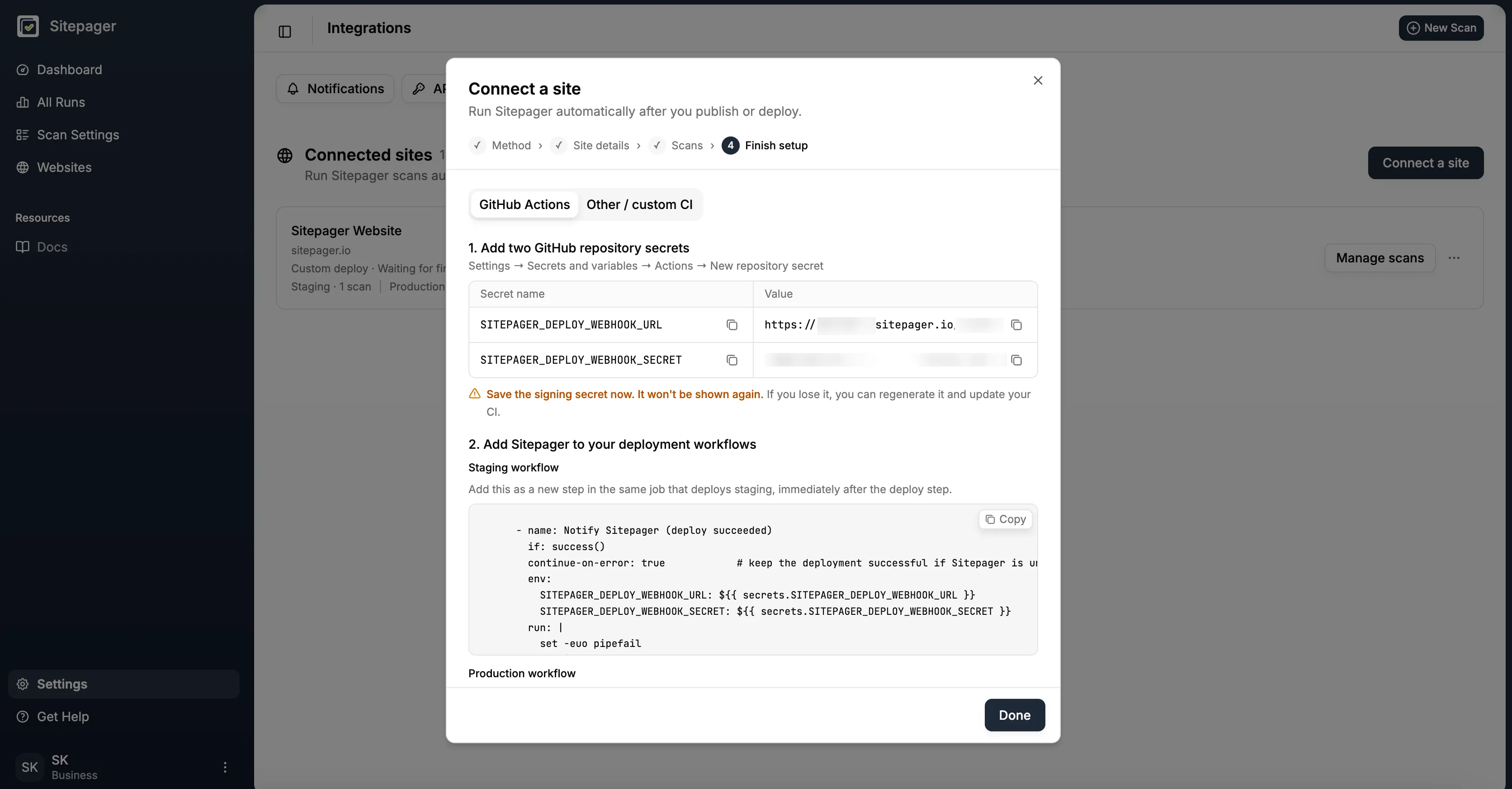 The Finish setup step showing the webhook URL and signing secret to add as repository secrets, and the generated workflow step