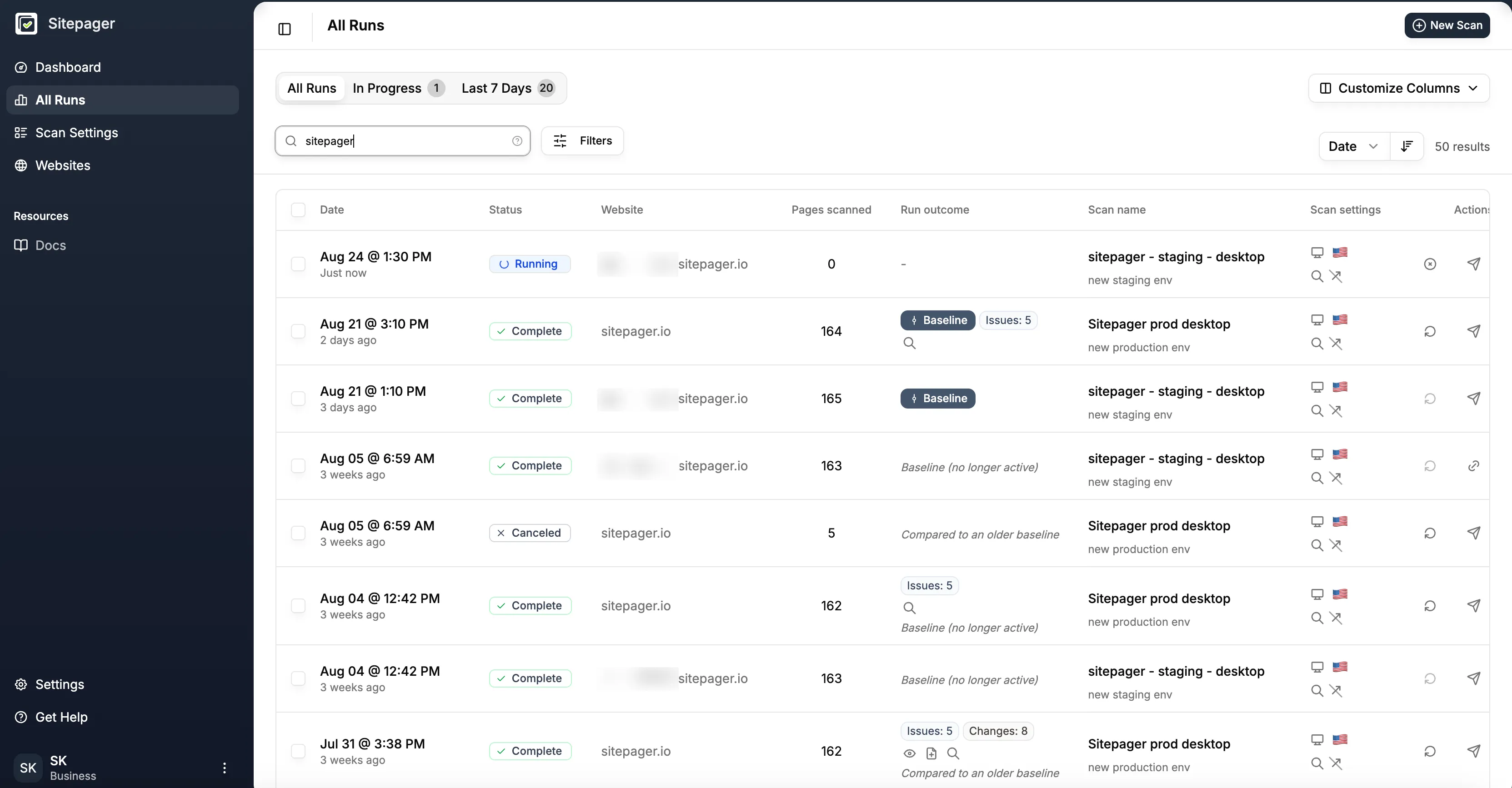 The All Runs page with the automatically started staging scan showing a Running status