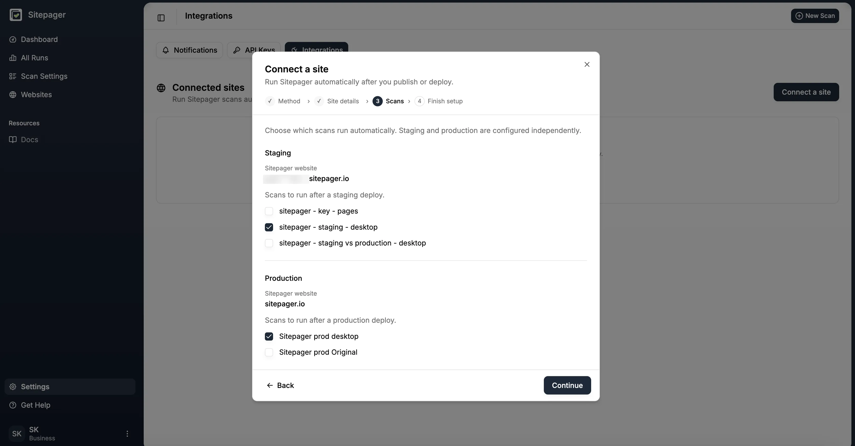 The Scans step of the Connect a site wizard, with staging and production each showing their matched Sitepager website and a scan selected
