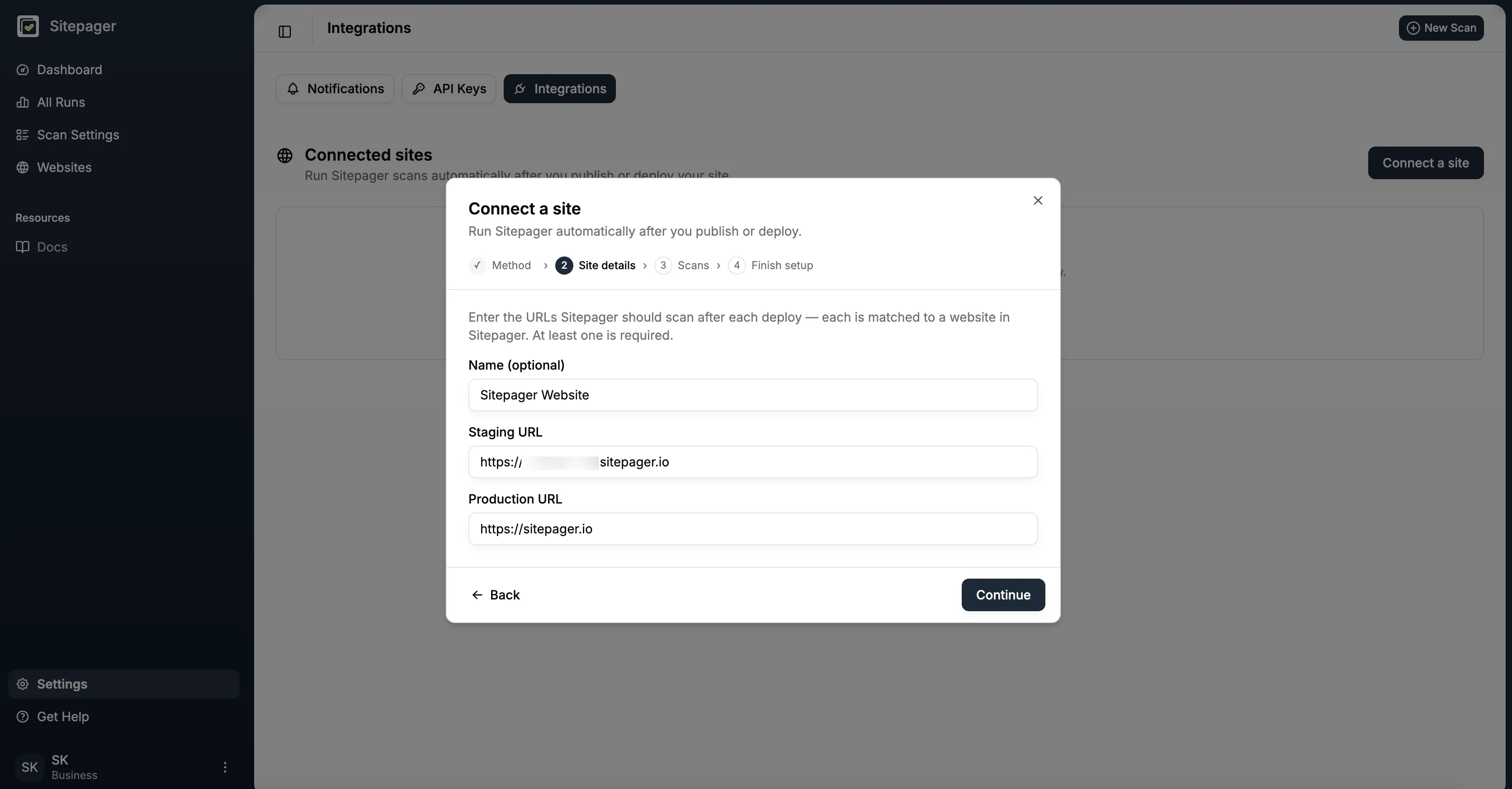 The Site details step of the Connect a site wizard, with a name, a staging URL and a production URL filled in