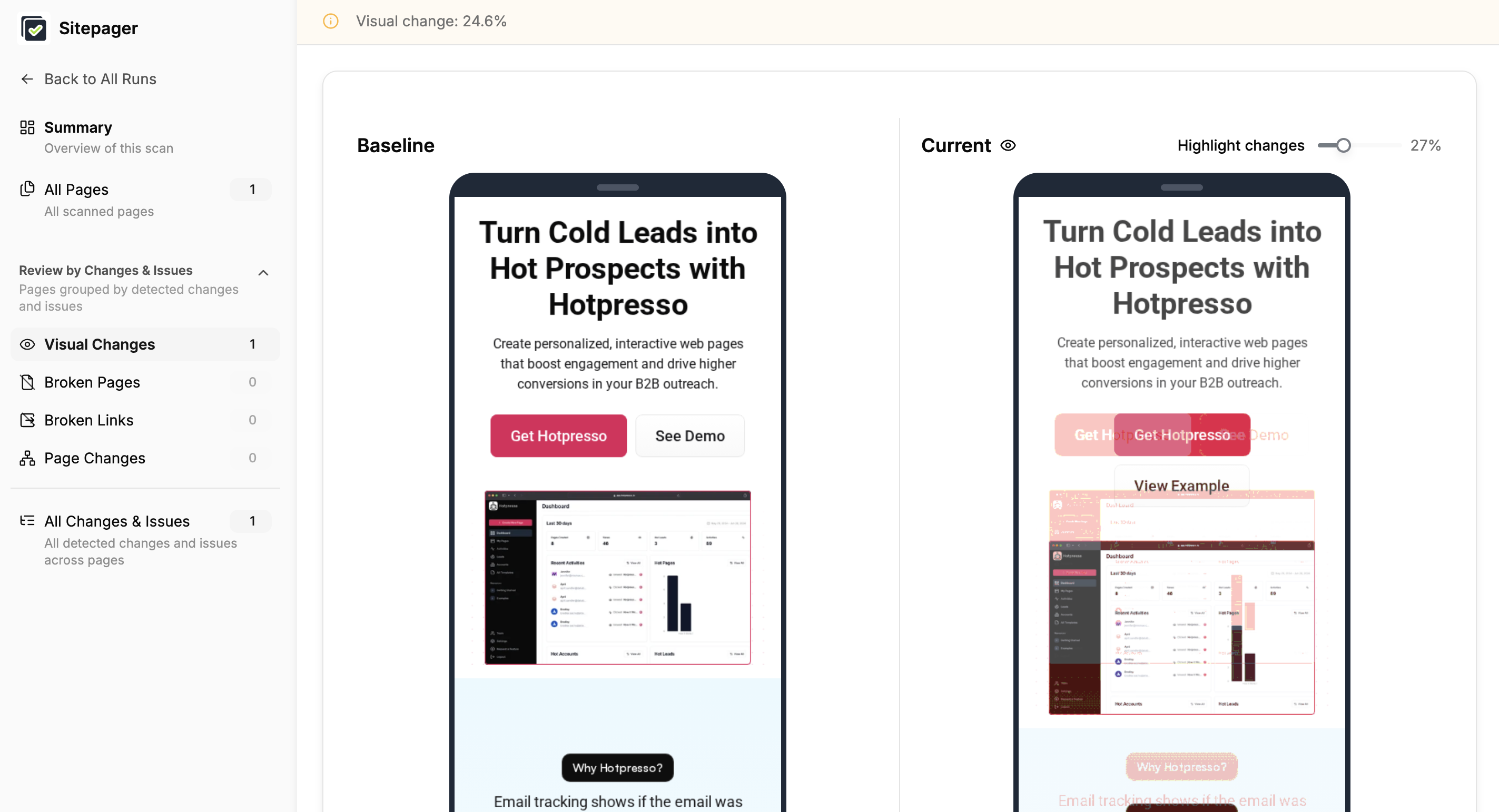 Sitepager highlighting visual differences between baseline and current version