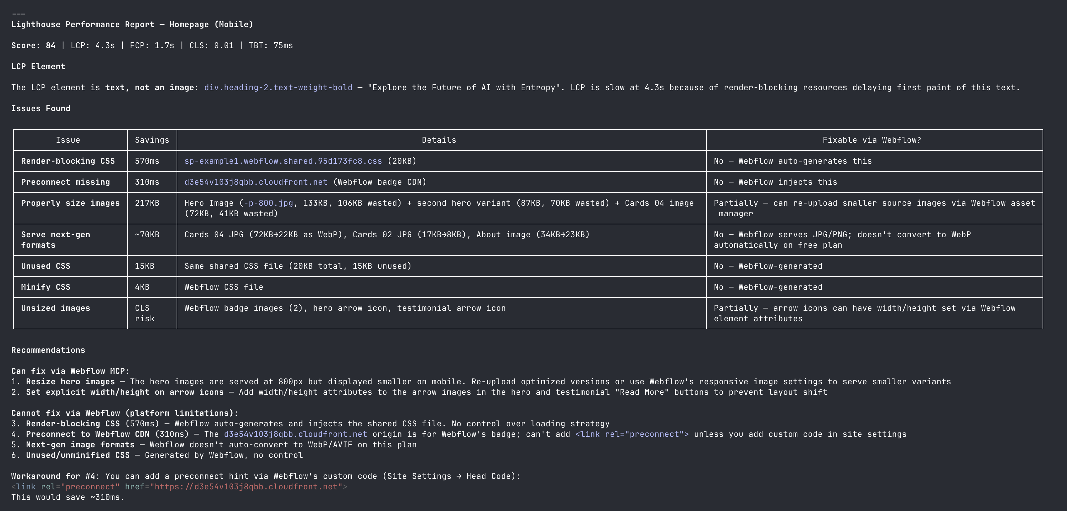 Claude Code analyzing Lighthouse results and cross-referencing with Webflow MCP