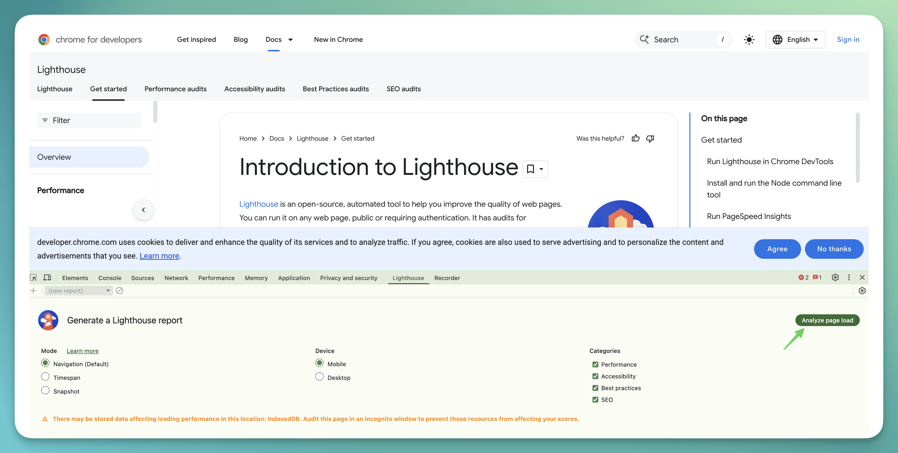 Chrome DevTools Lighthouse panel showing how to run a performance audit