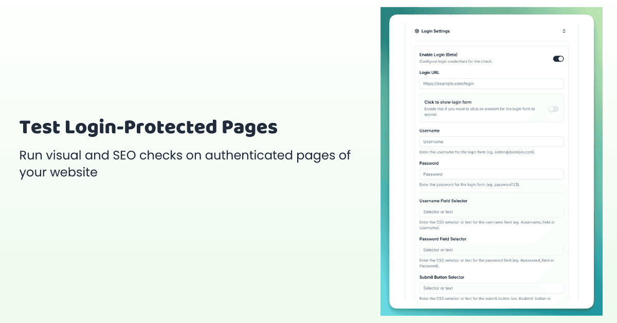Sitepager login configuration screen for testing authenticated pages