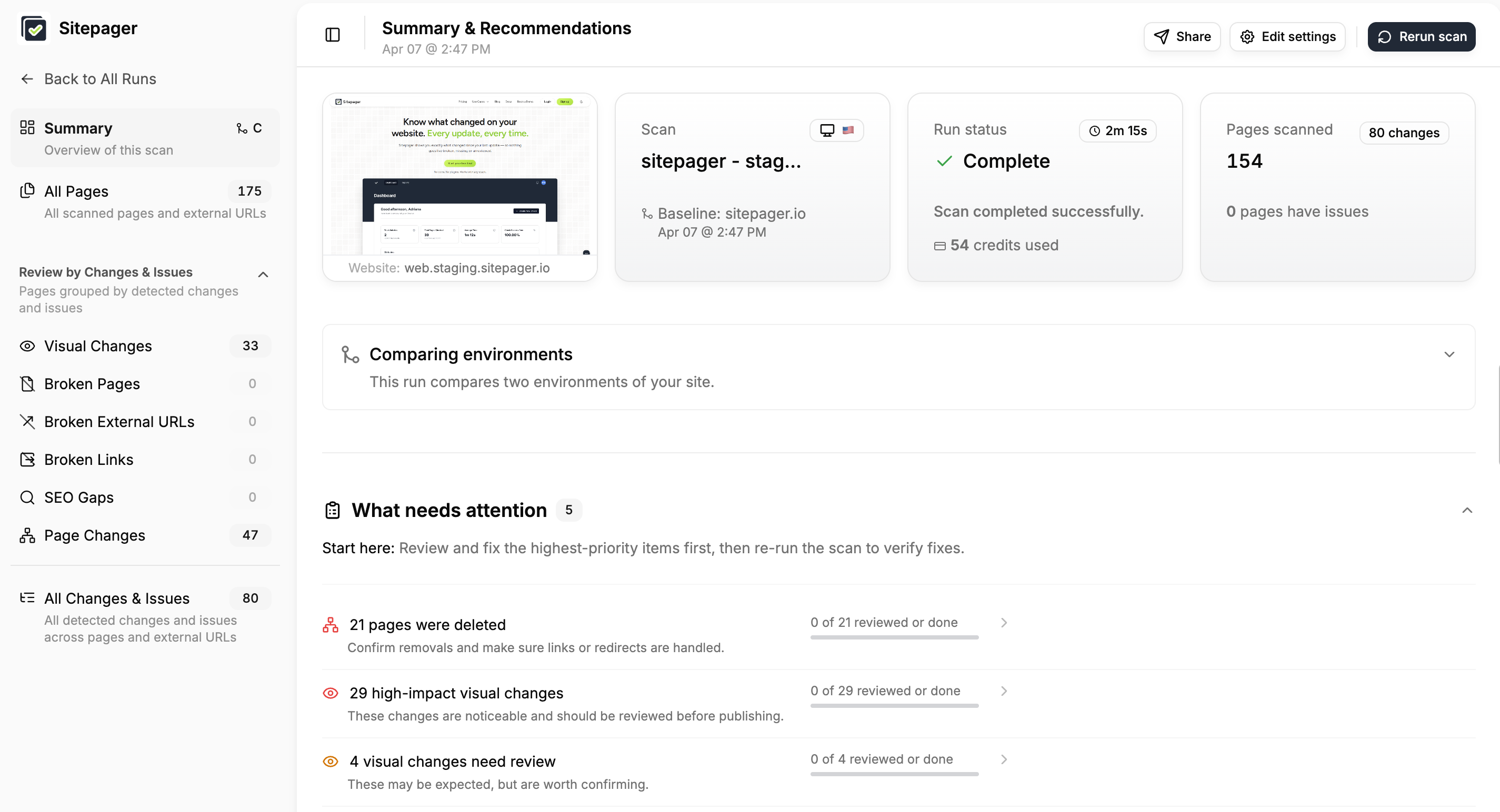 Comparison scan summary showing visual changes, deleted pages, and items needing attention