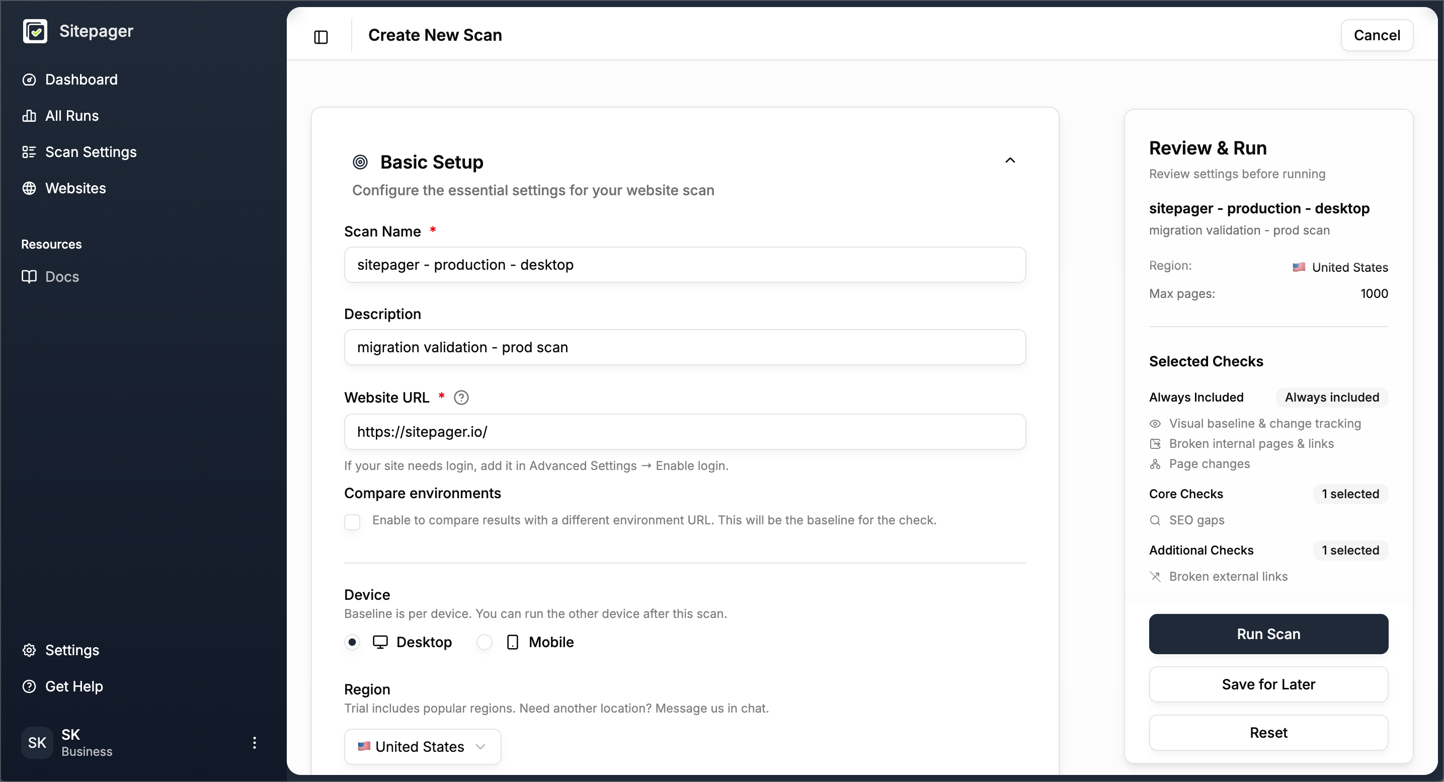 Create New Scan screen with production URL entered for post-launch validation