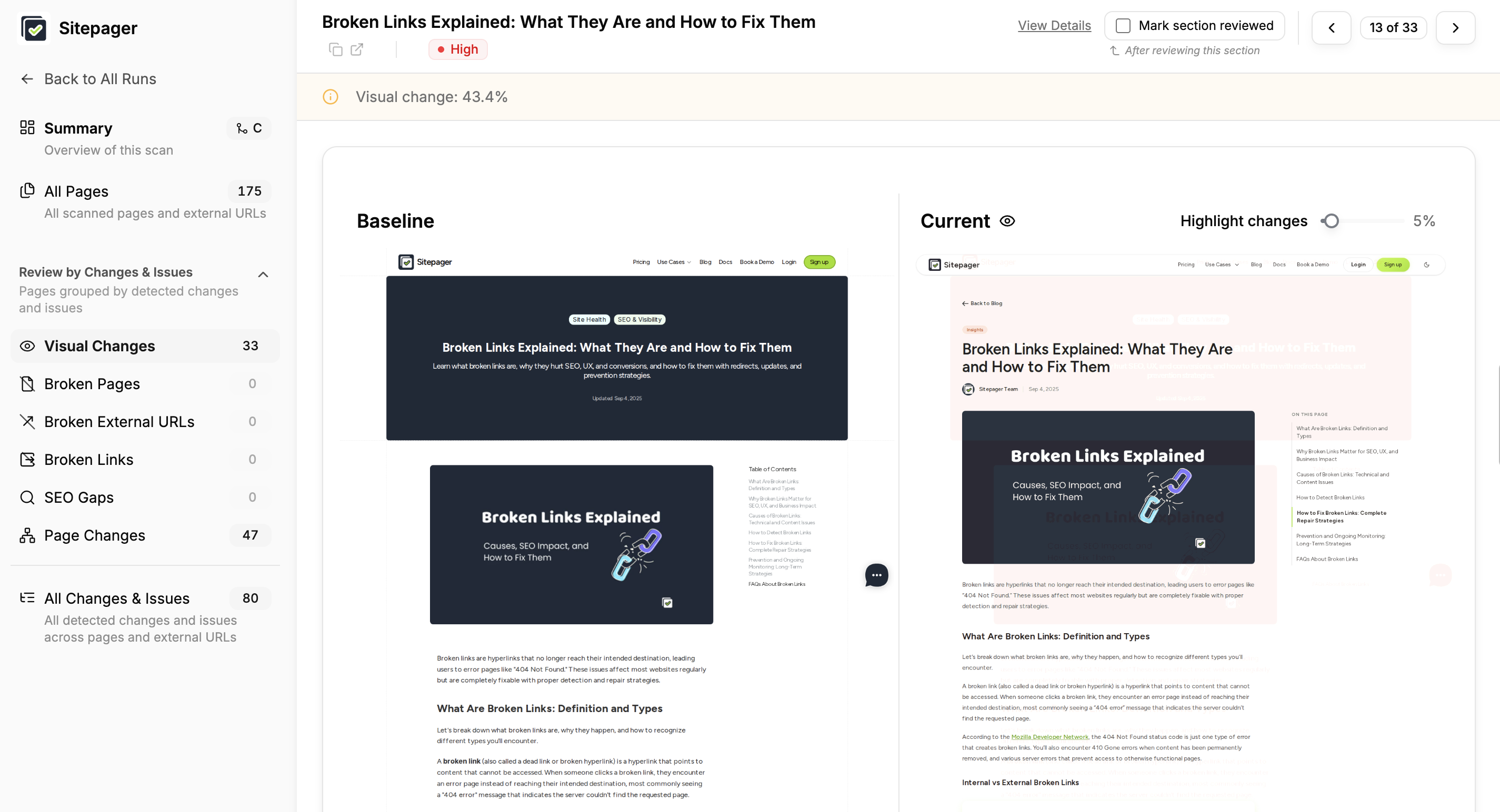 Visual diff showing baseline and current versions of a page side by side with layout differences highlighted