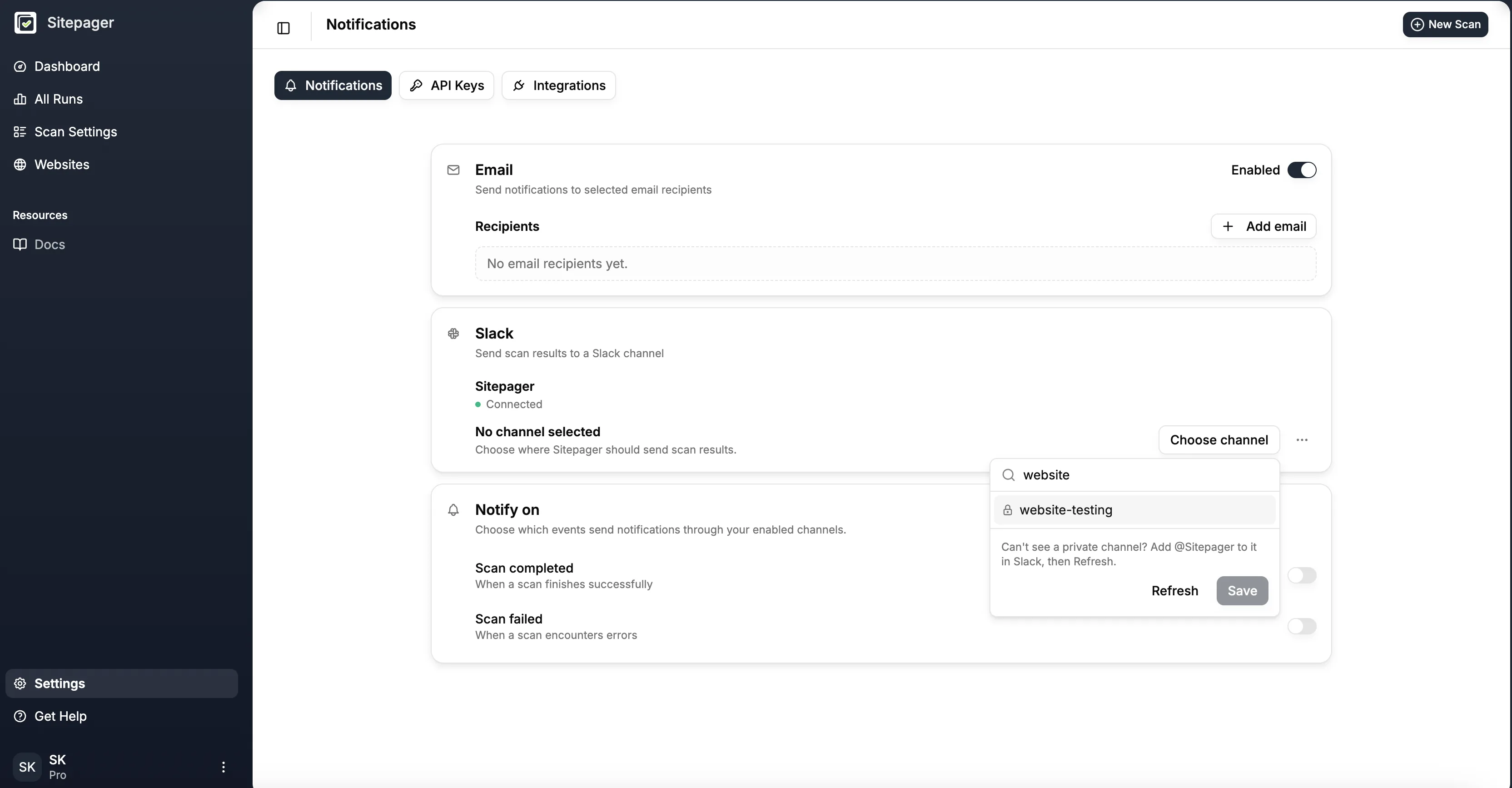 The Slack channel picker open, with a search box, a private channel marked by a padlock icon, and a hint reading Can't see a private channel? Add @Sitepager to it in Slack, then Refresh