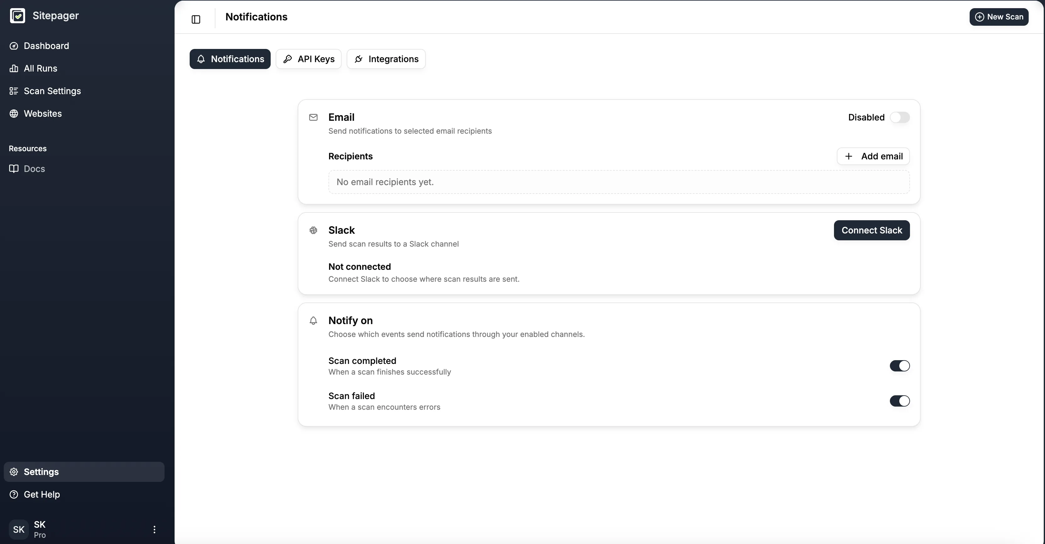 The Notifications settings page, showing the Slack card marked Not connected with a Connect Slack button, below the Email card