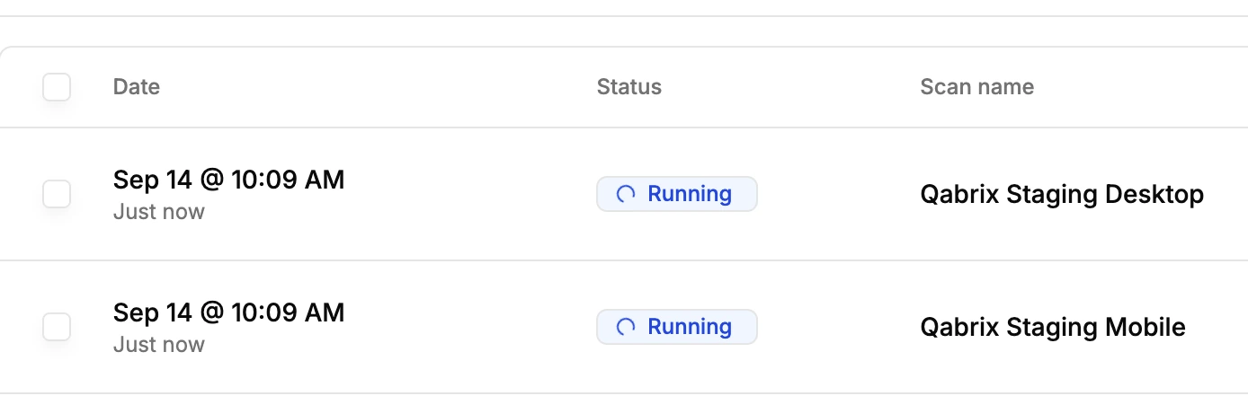 Sitepager's run list showing two scans just started automatically, Qabrix Staging Desktop and Qabrix Staging Mobile, both with status Running