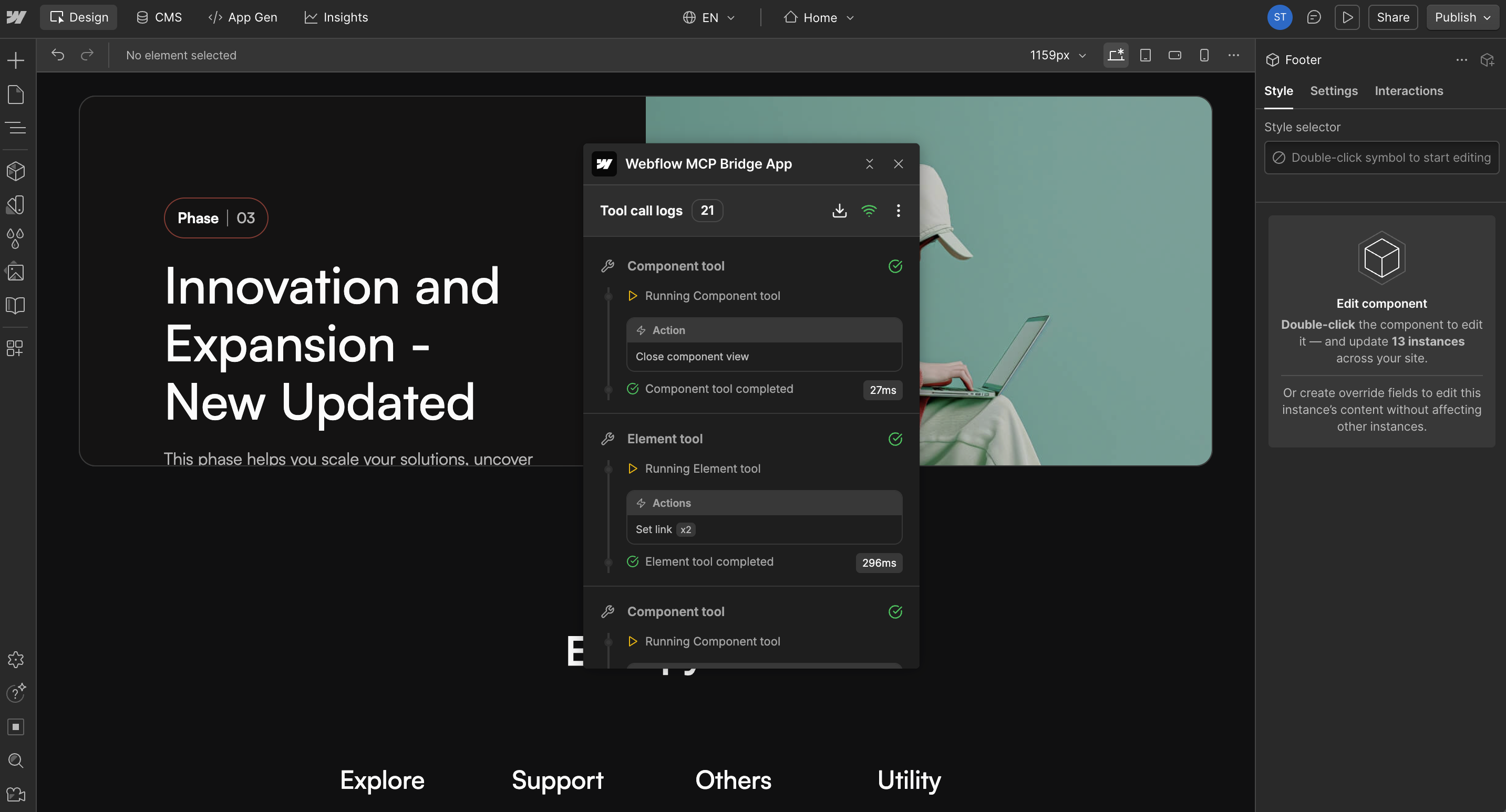 Webflow MCP Bridge panel showing tools executing fixes in sequence