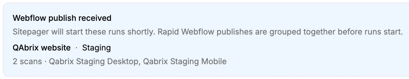 A Sitepager banner reading Webflow publish received, naming the staging environment and the two scans it is about to start