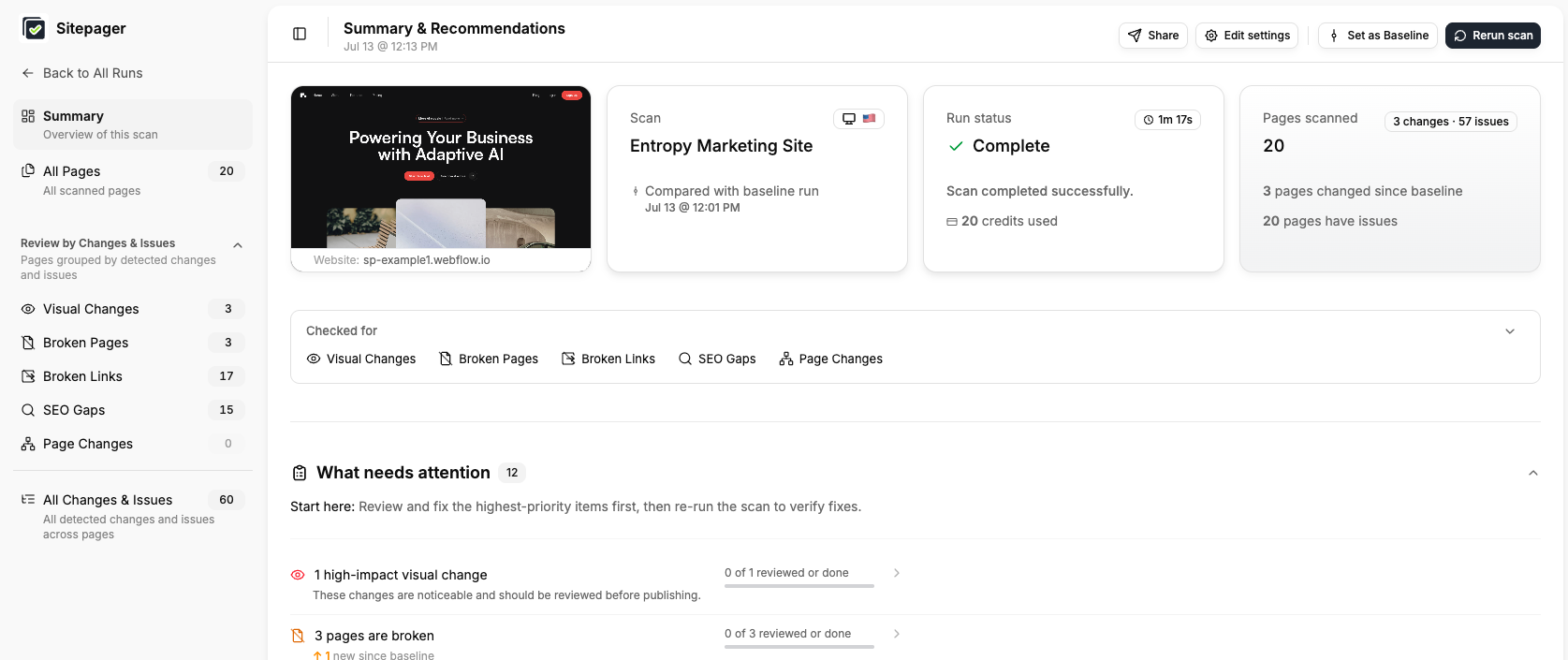 Sitepager run summary showing changes and issues across a Webflow site, grouped by visual changes, broken pages, broken links, and SEO gaps