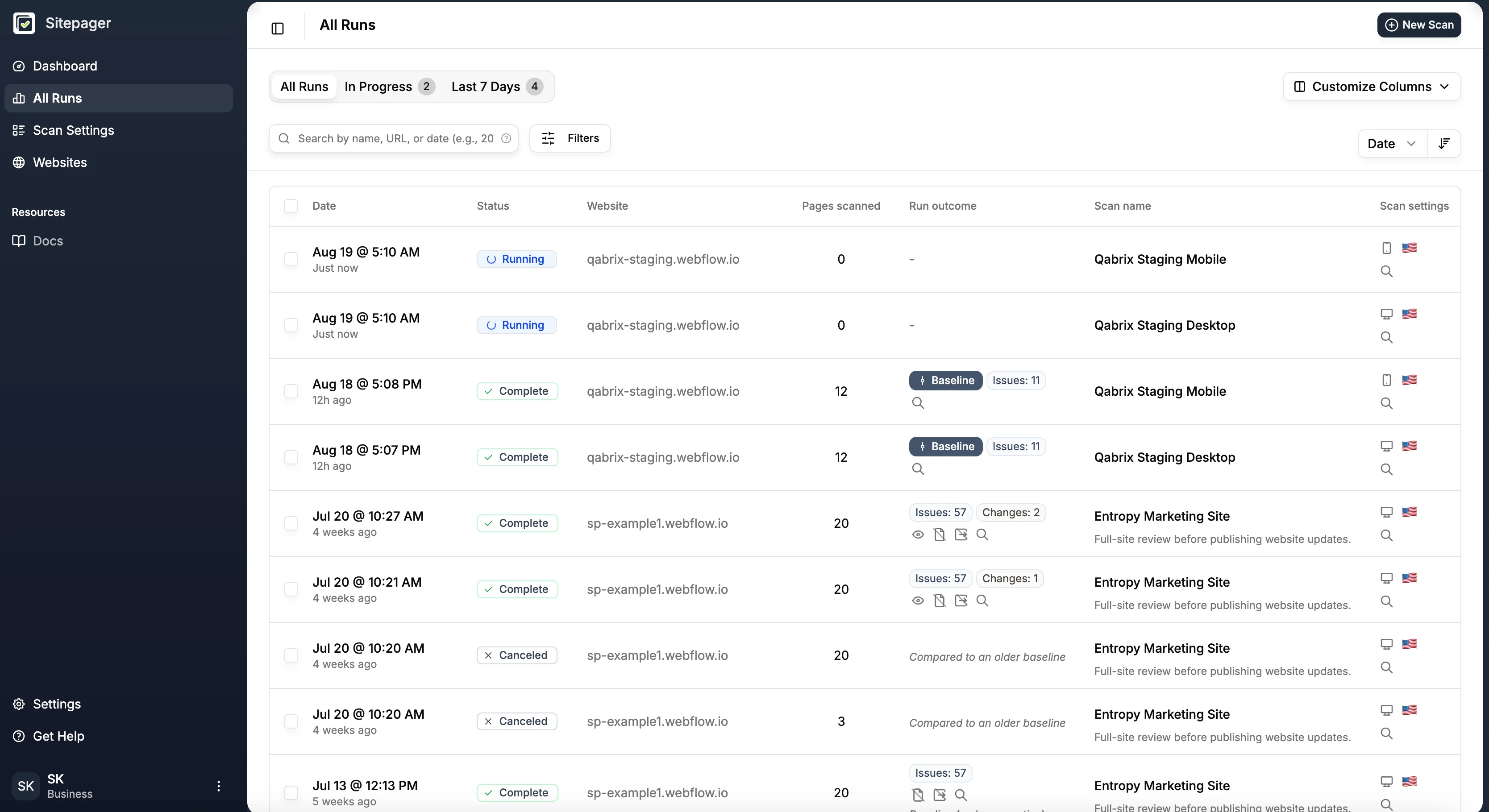 The All Runs page with two automatically started scans showing a Running status