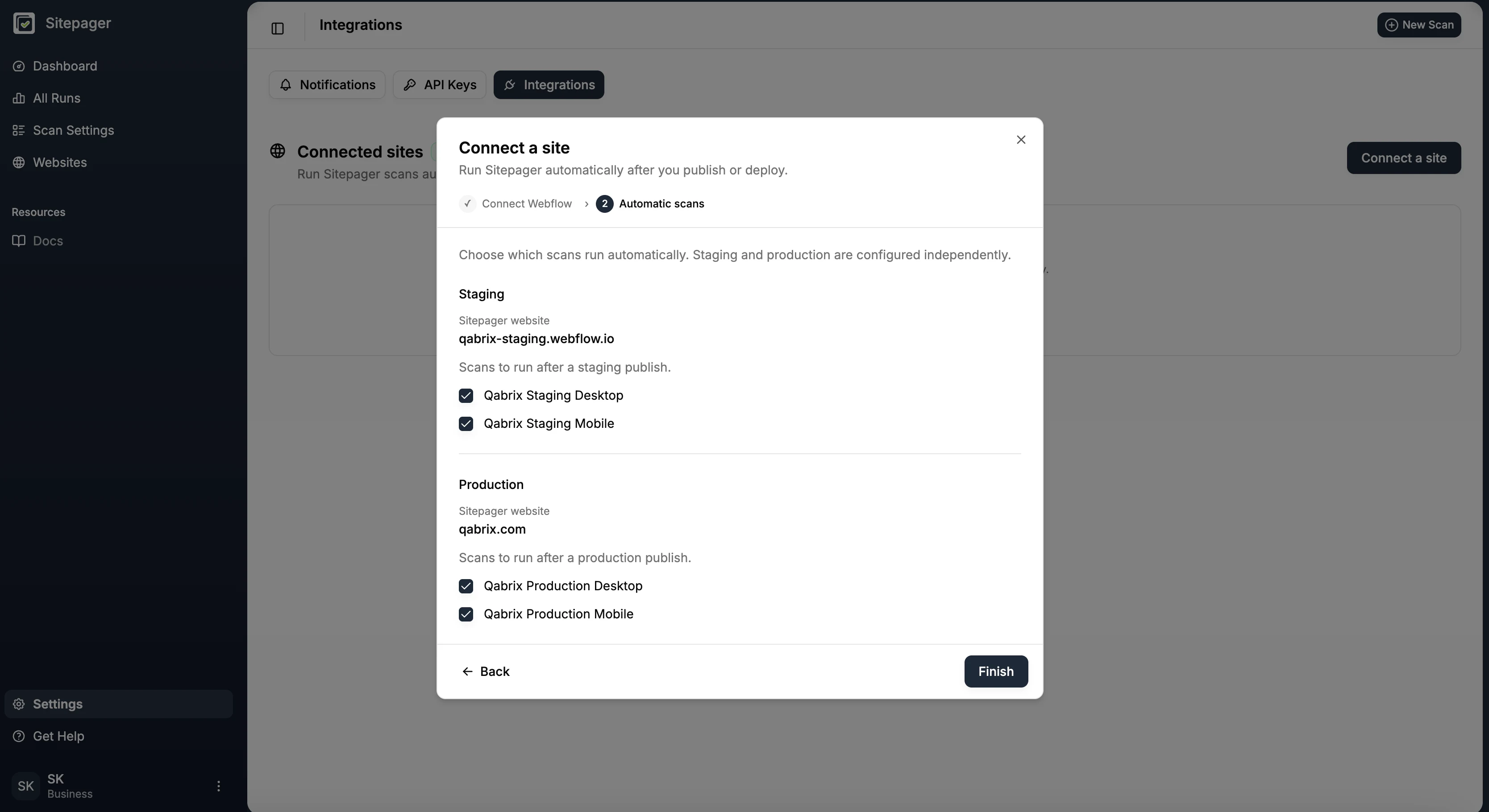 The Automatic scans step of the Connect a site wizard, with staging and production each showing their matched Sitepager website and their desktop and mobile scans selected