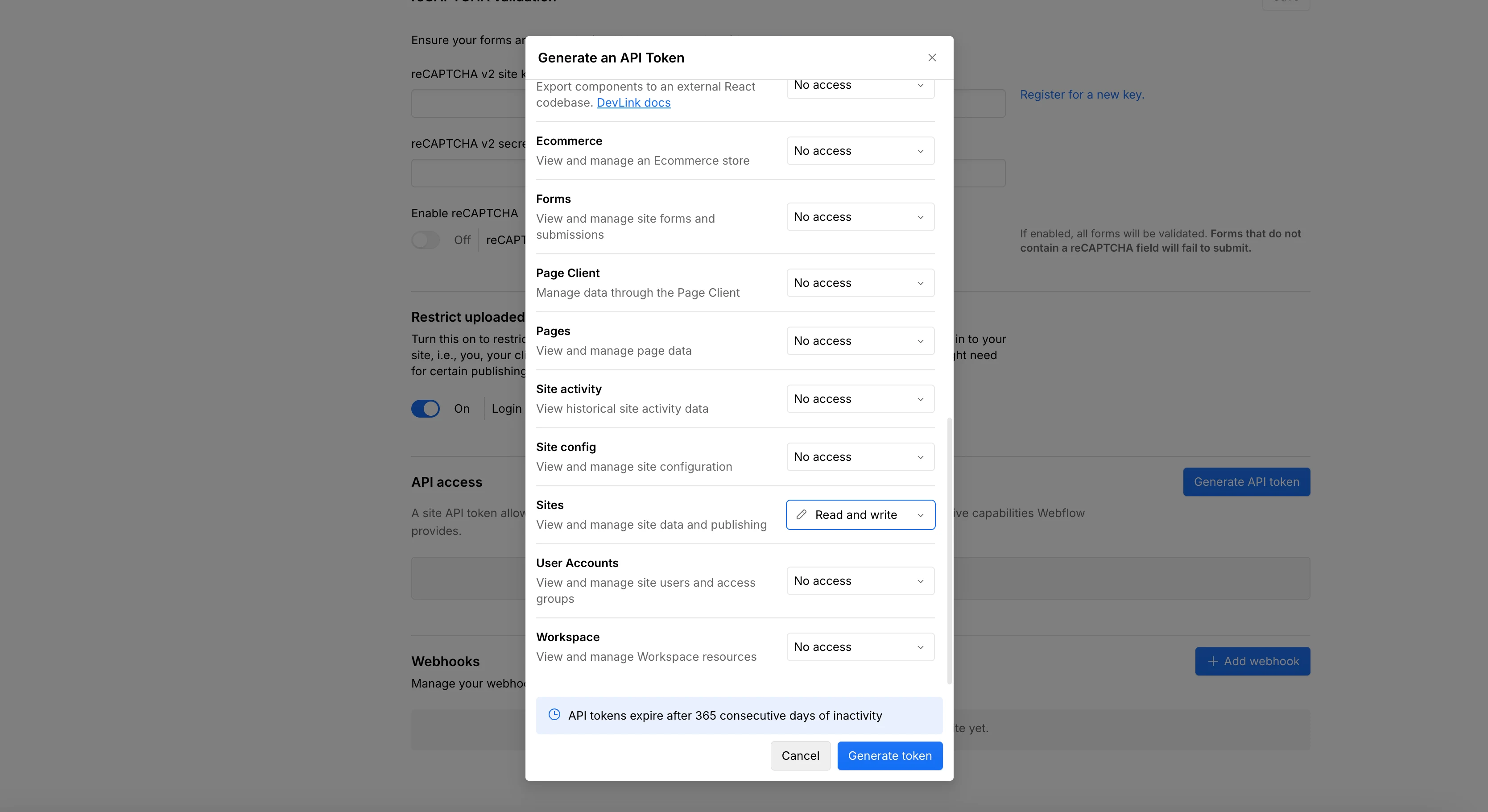 The Webflow Generate an API Token dialog, with Sites set to Read and write and every other permission set to No access