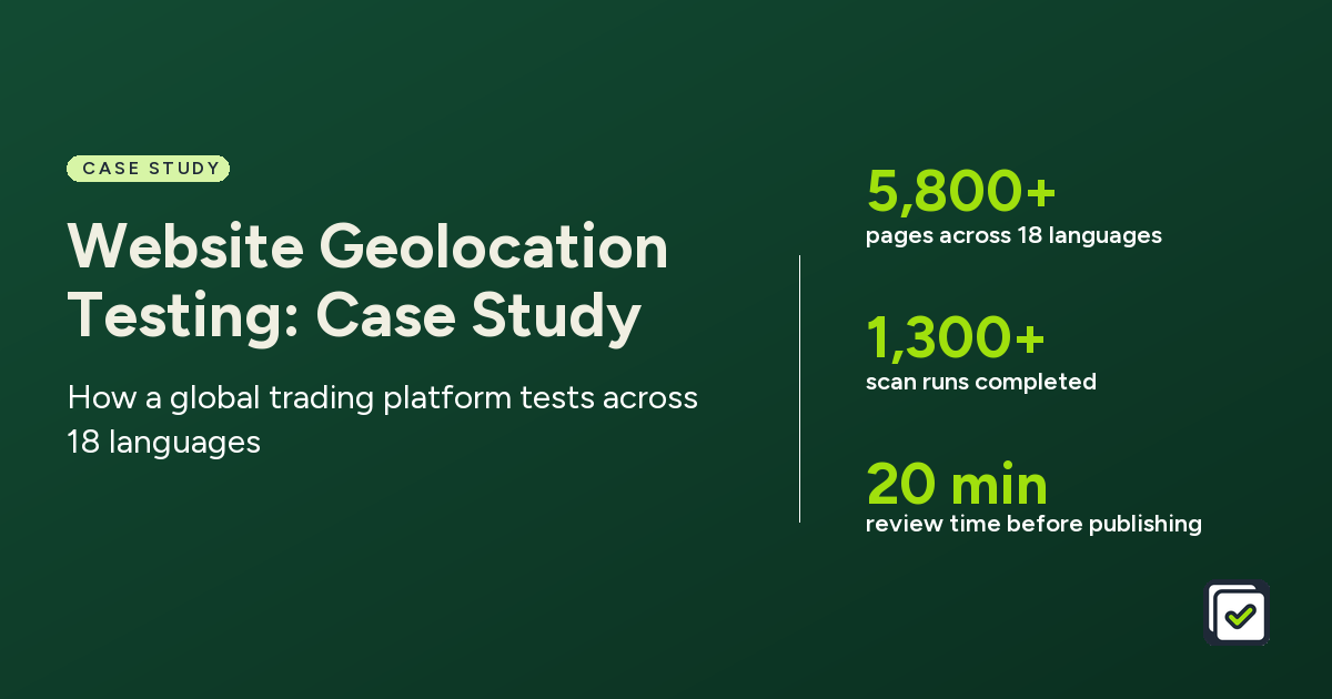 Website Geolocation Testing: Case Study. How a global trading platform tests across 18 languages. Stats: 5,800+ pages across 18 languages, 1,300+ scan runs completed, 20 min review time before publishing